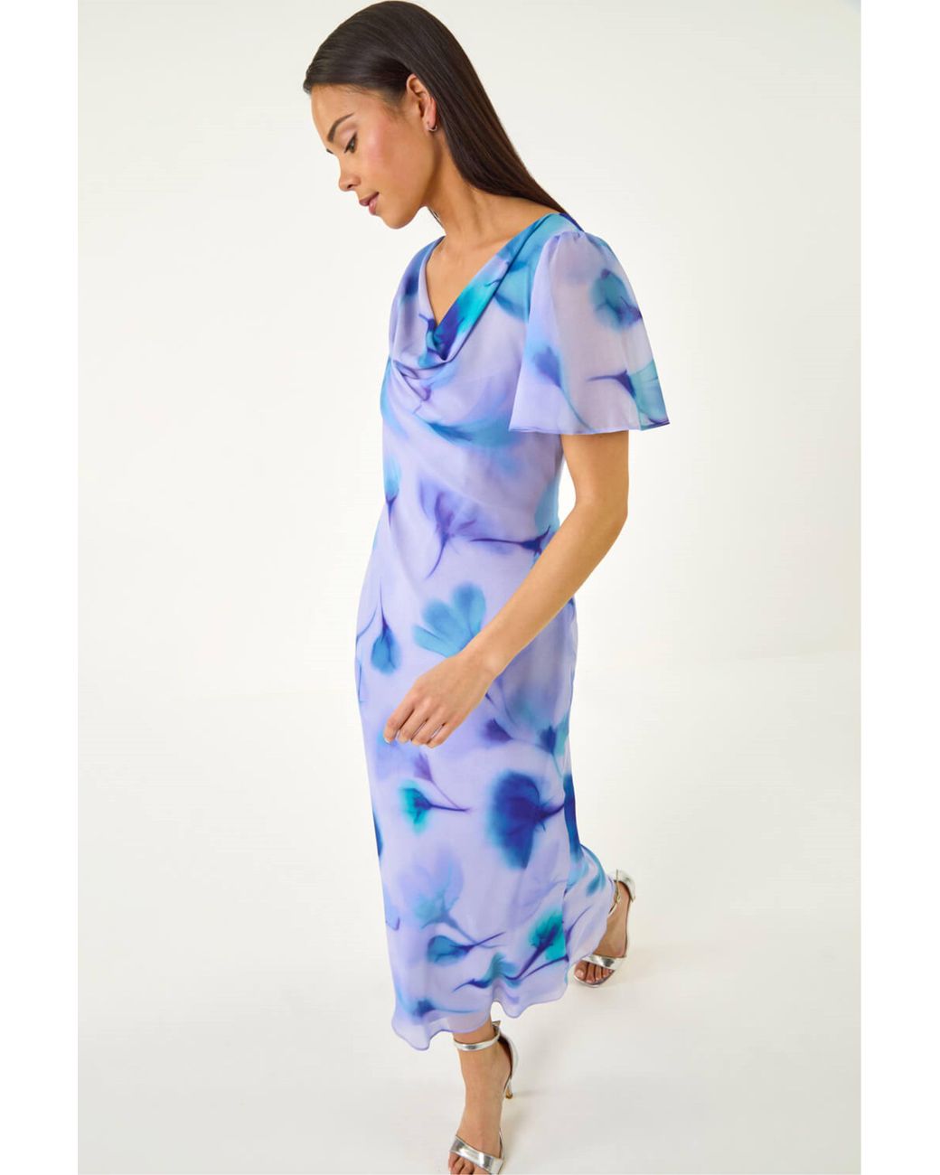 Roman Blue Petite Floral Cowl Neck Midi Dress