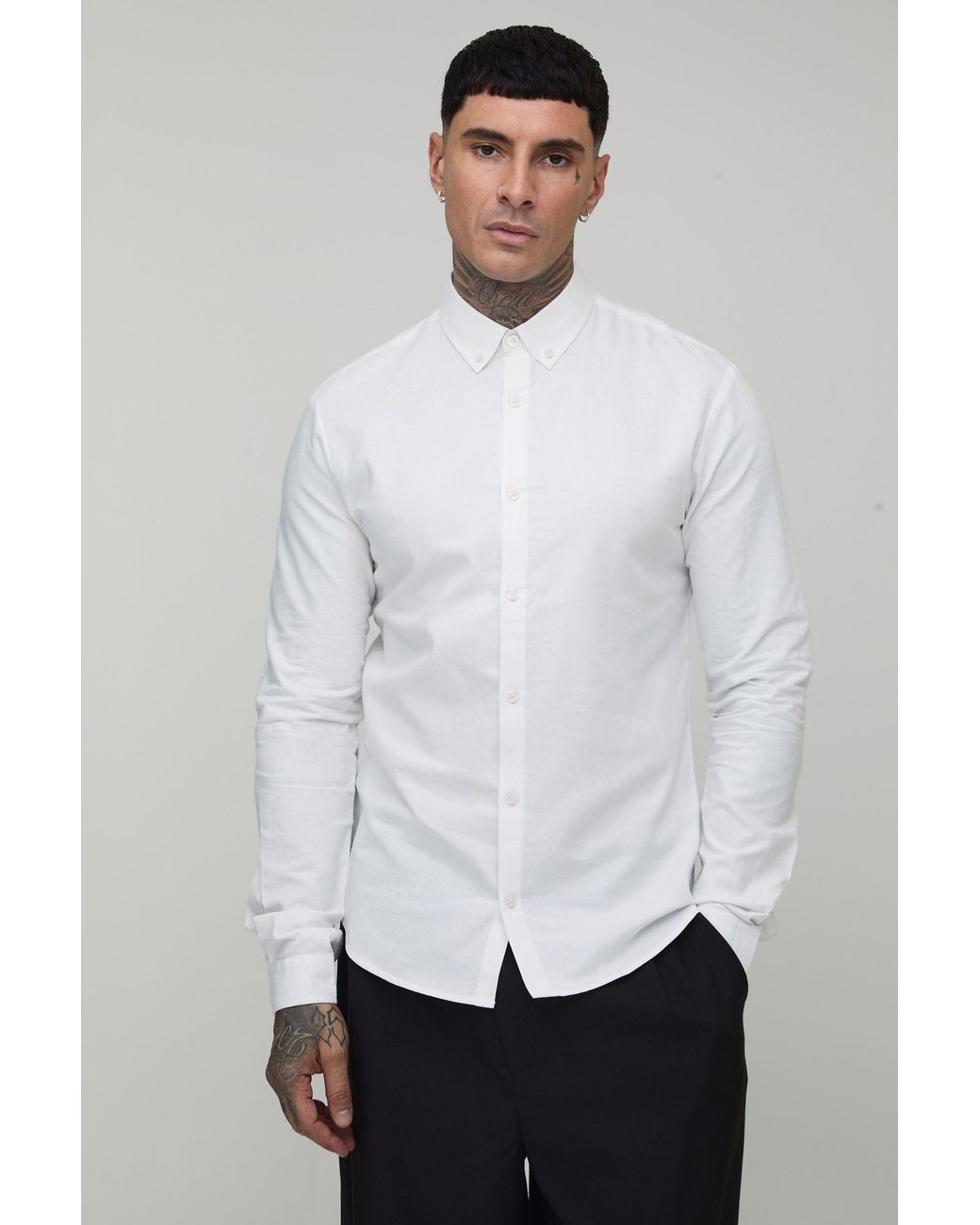 BoohooMAN White Tall Slim Fit Button Down Collar Oxford Long Sleeve Shirt for men
