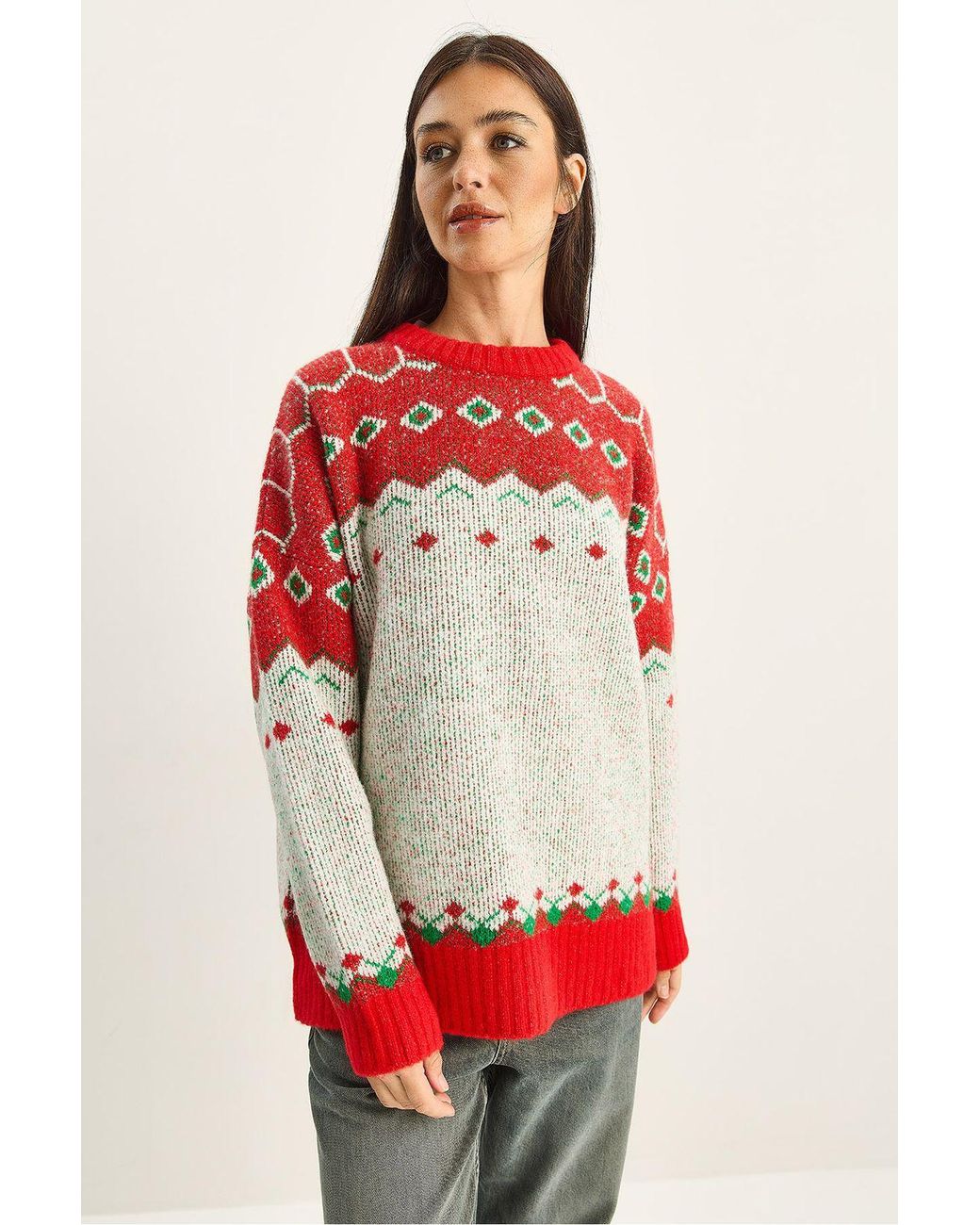 Bianco Lucci Red Oversized Geometric Knit Sweater