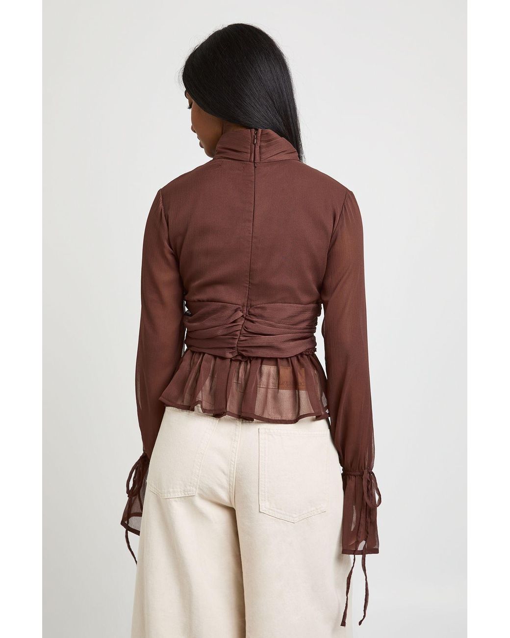 Boohoo Brown Gathered Blouson Sleeve Blouse
