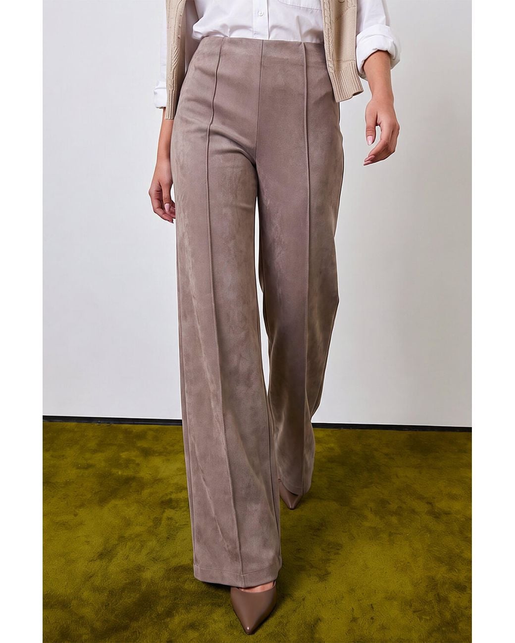 Roman Gray Petite Faux Suede Pintuck Trouser