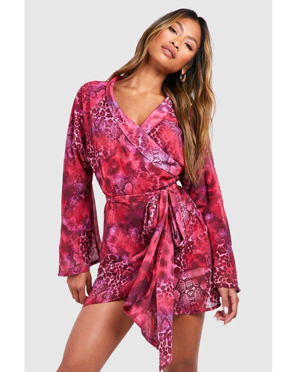 Boohoo Red Animal Print Wrap Mini Dress
