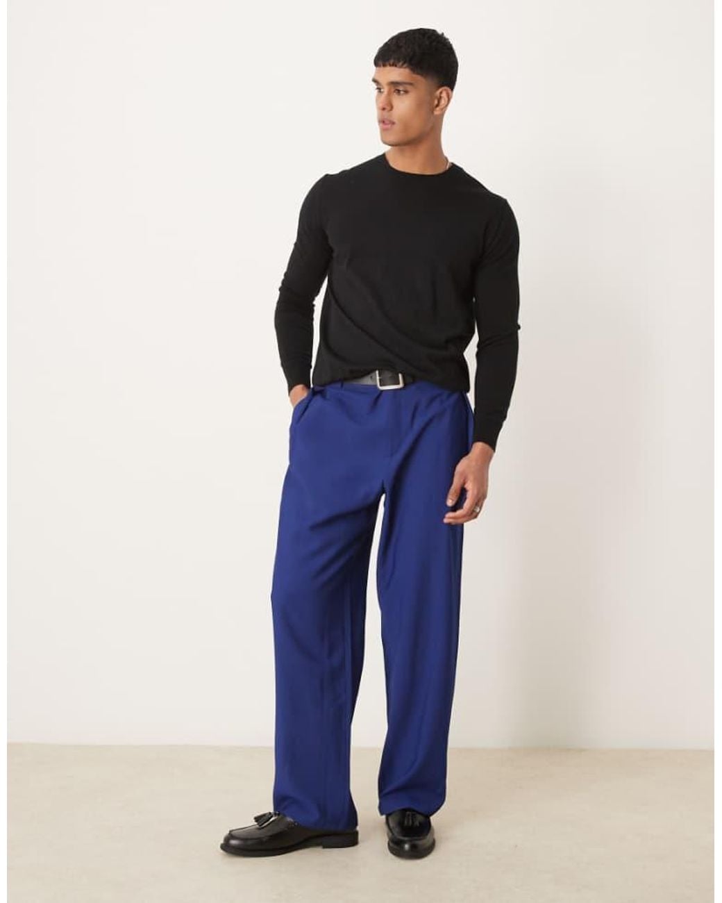 ASOS Blue Smart Wide Leg Trousers With Chunky Belt Loops for men
