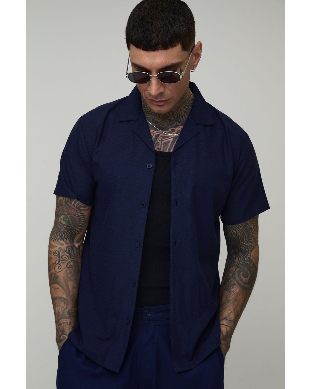 BoohooMAN Blue Tall Regular Short Sleeve Linen Blend Shirt for men