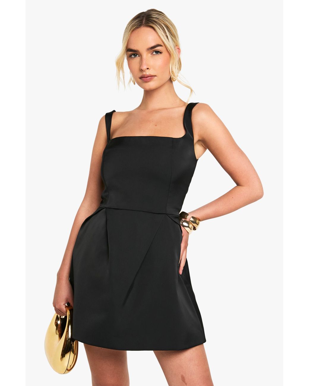 Boohoo Black Satin Square Neck Structured Mini Dress