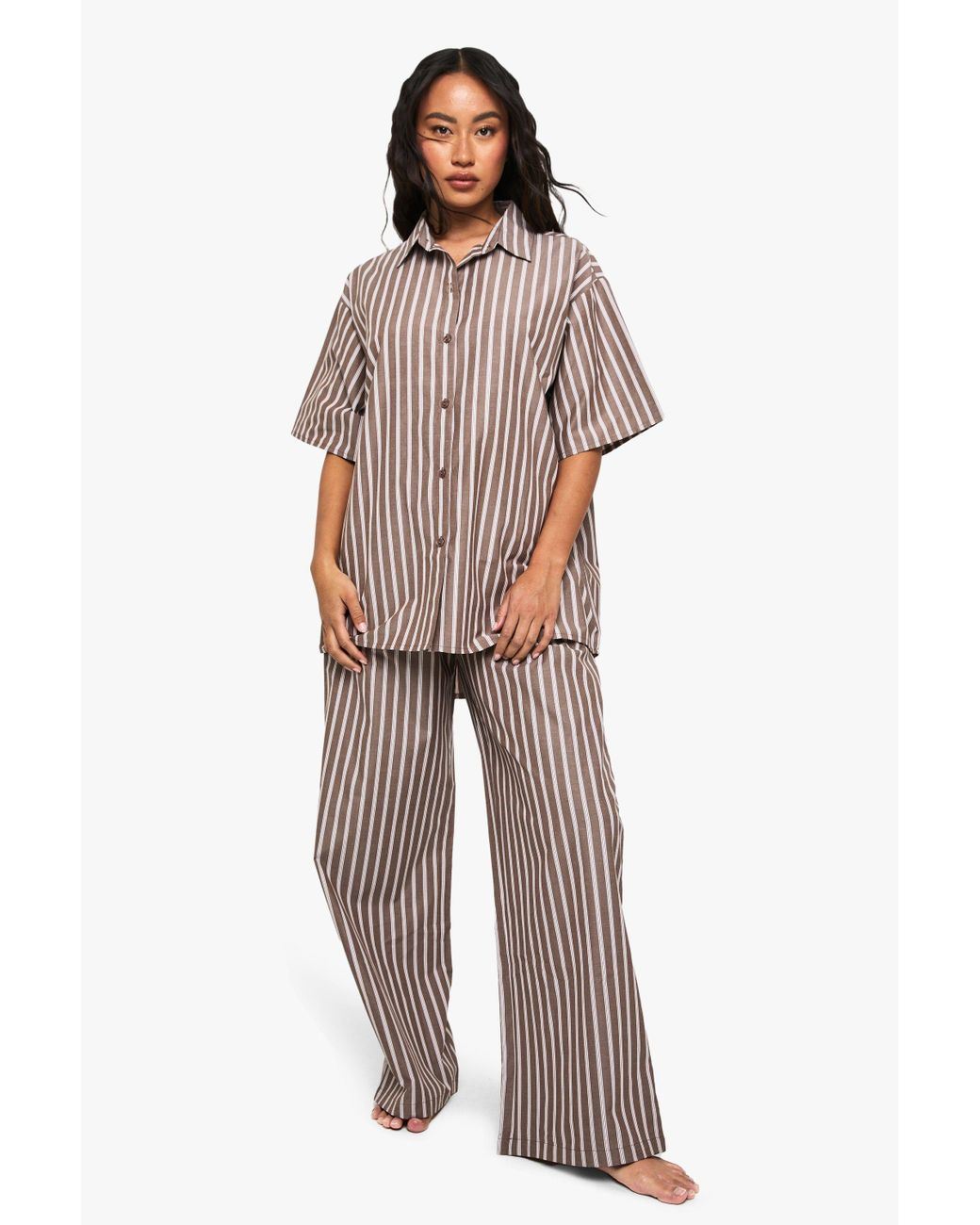 Boohoo Brown Cotton Tonal Stripe Pyjama Trouser