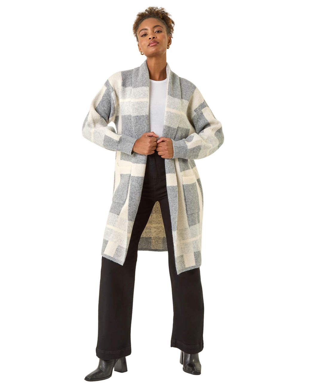 Roman Gray Check Longline Pocket Cardigan