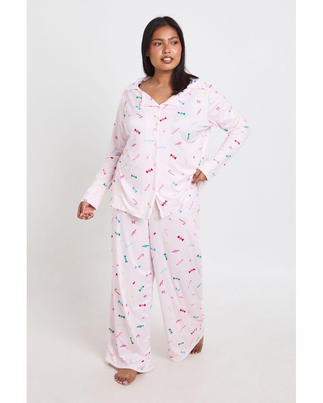 Boohoo Pink Plus Sweet Print Long Sleeve Shirt & Trouser Pyjama Set