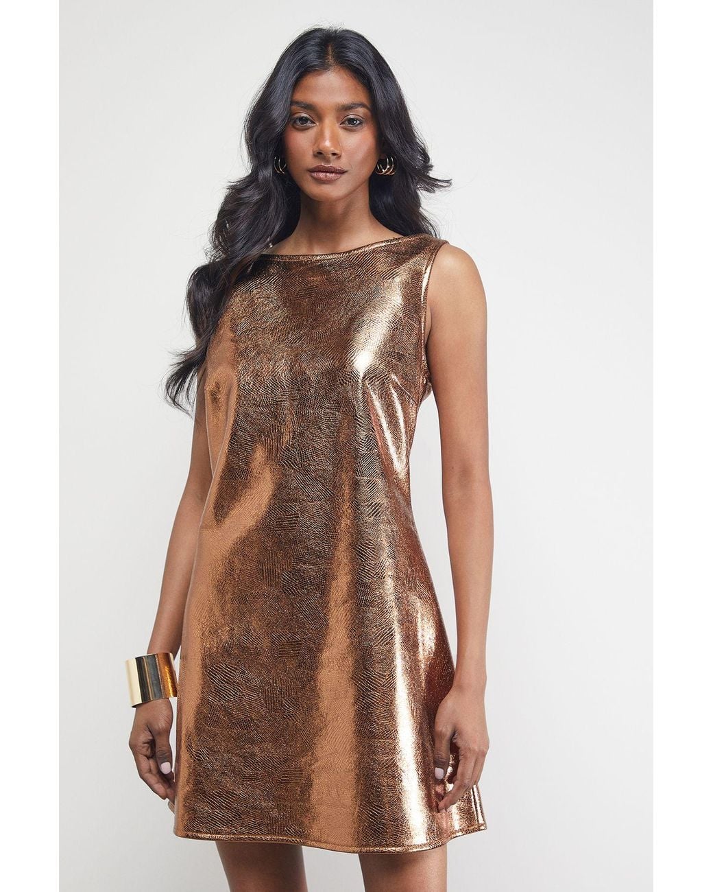 warehouse faux leather dress Metallic Reptile Sleeveless Mini in Brown colour: green-and-black-animal-printed-wrap-over-midi-dress
