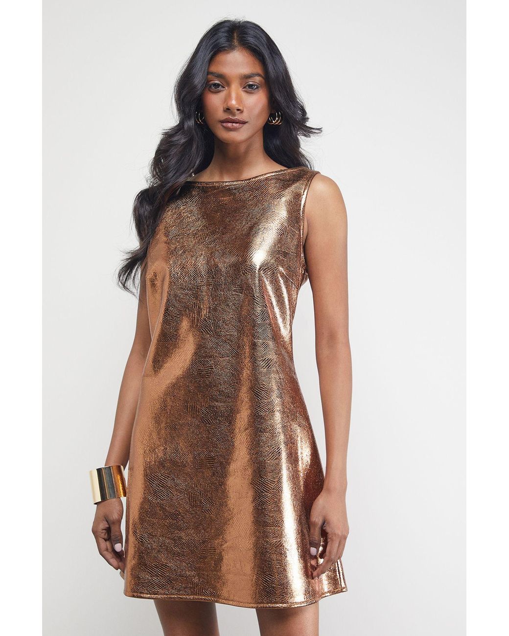 Warehouse Metallic Faux Reptile Leather Sleeveless Mini Dress in Brown |  Lyst UK