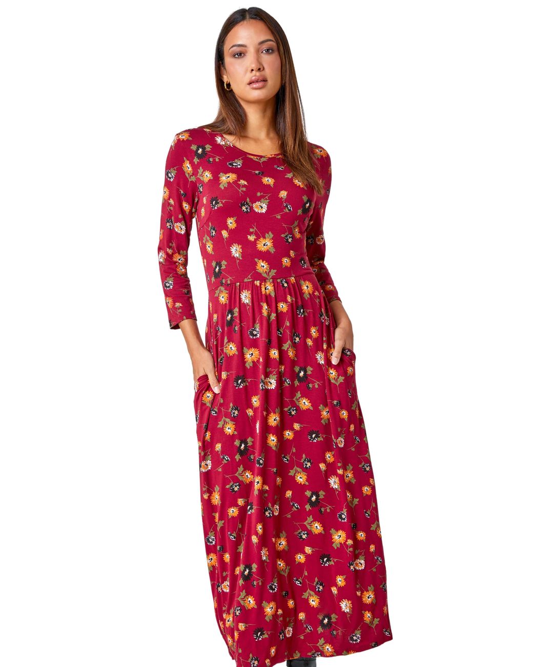Roman Red Floral Print Pocket Detail Midi Dress