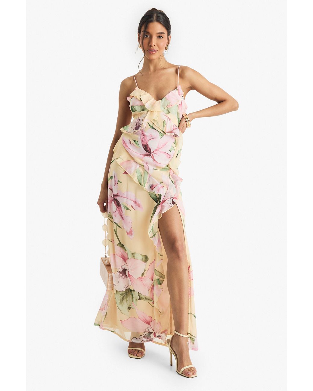Boohoo Yellow Floral Crinkle Chiffon Ruffle Maxi Dress