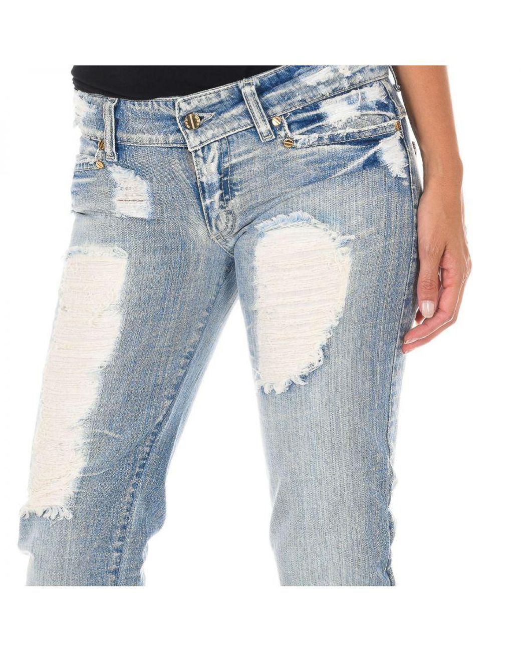 Met Blue Long Ripped Effect Denim Pants With Chiffon D012929-D024