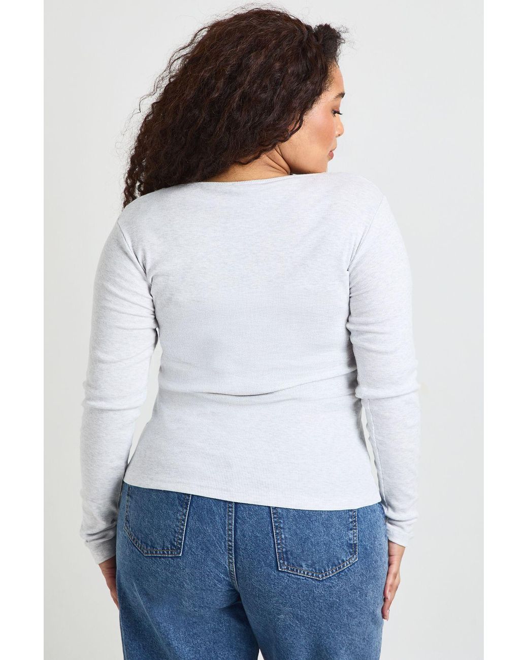 Boohoo White Plus Ribbed Contrast Henley Button Long Sleeve Top