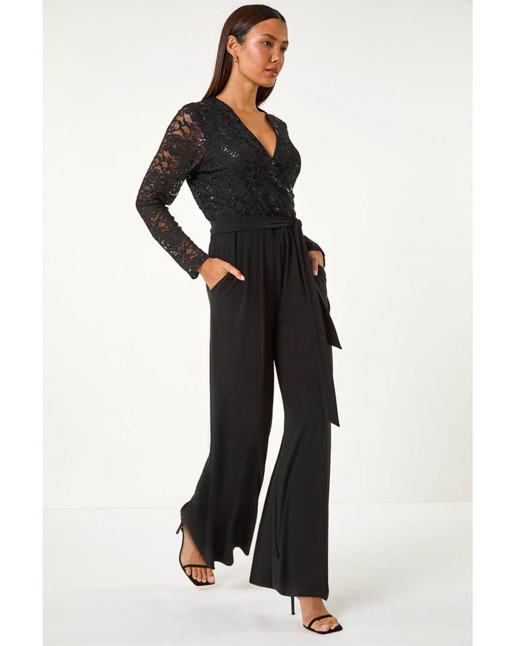 Roman Black Sequin Lace V-Neck Stretch Jumpsuit