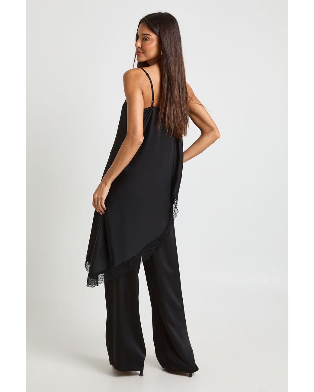 Boohoo Black Lace Trim Satin Cami & Trouser Co Ord