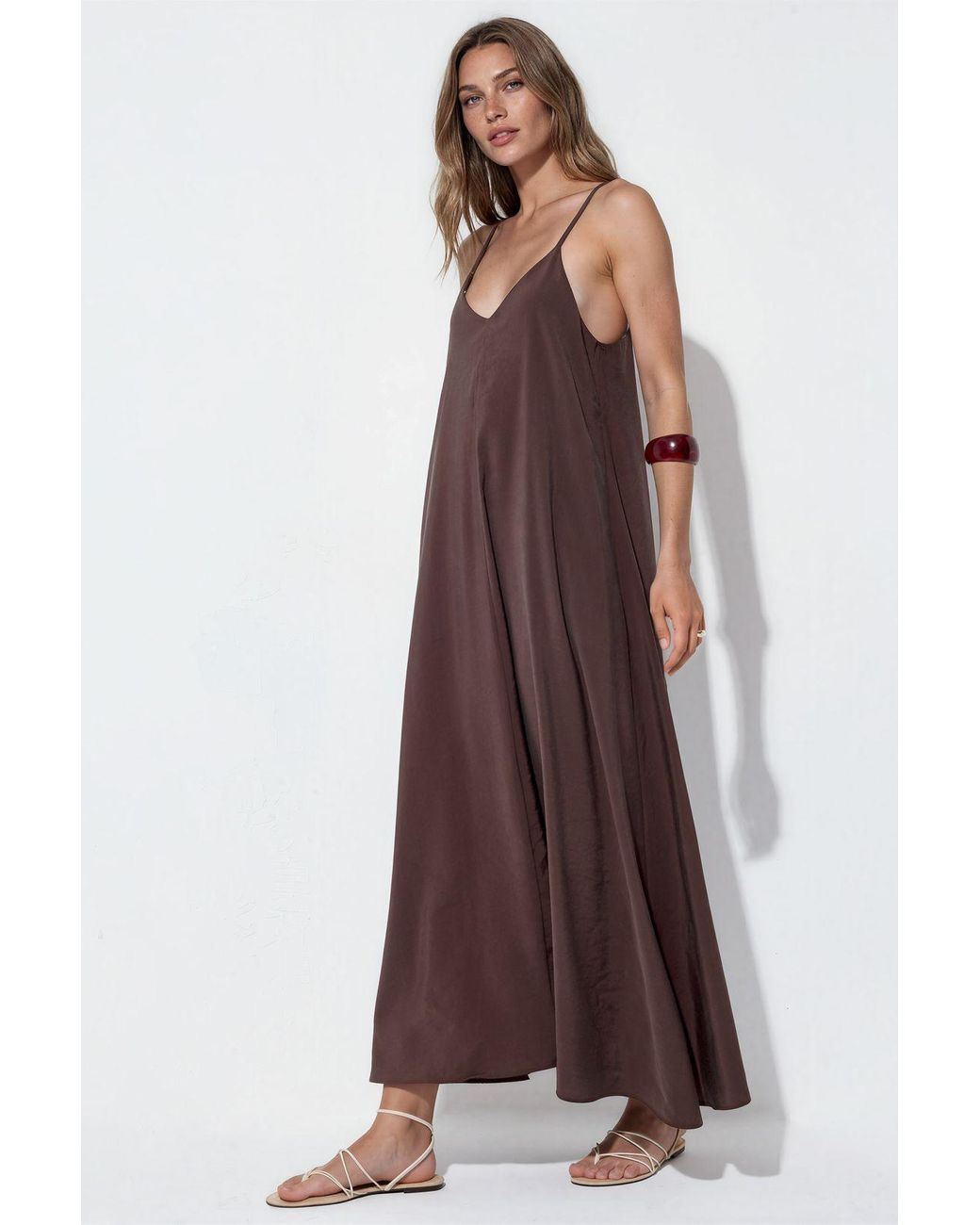 Busem Brown Sleeveless Satin Maxi Dress