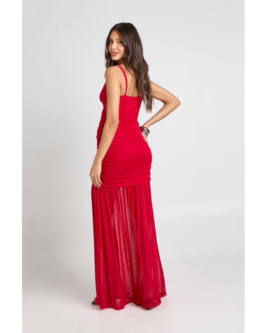 Boohoo Red Mesh Cami Maxi Dress With Hem