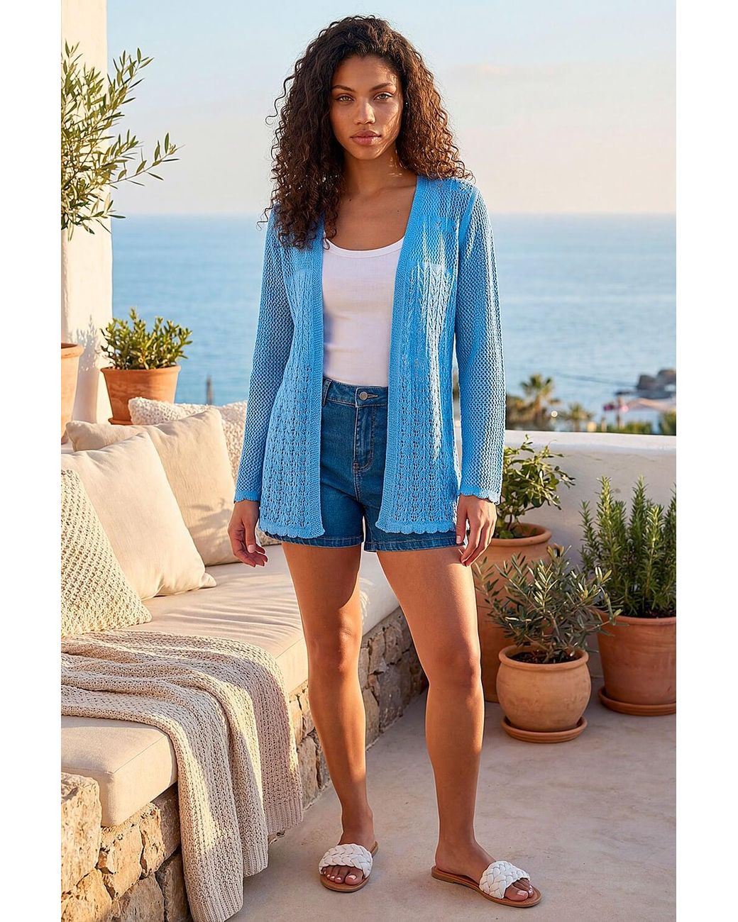 Roman Blue Petite Pointelle Knit Cardigan