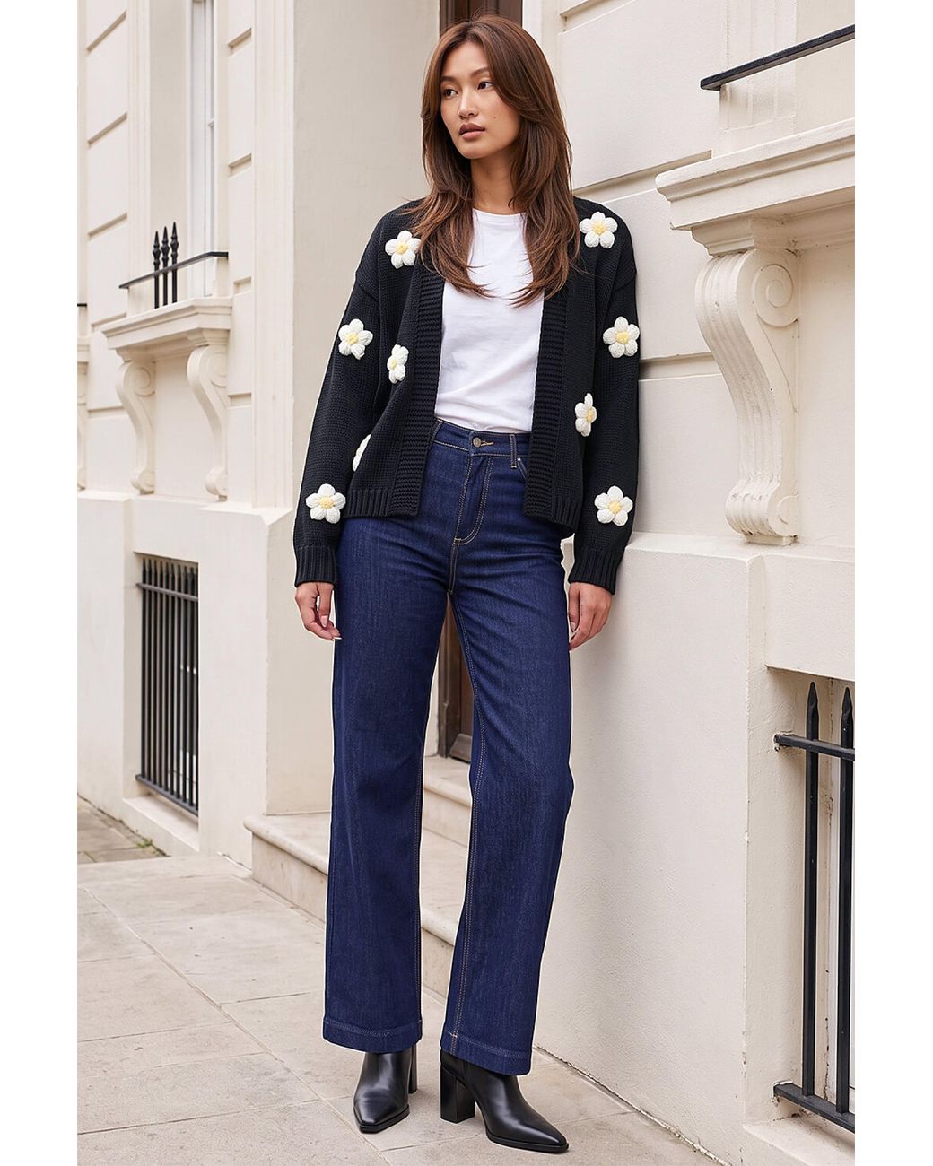 Roman Blue Daisy Crochet Knit Cardigan