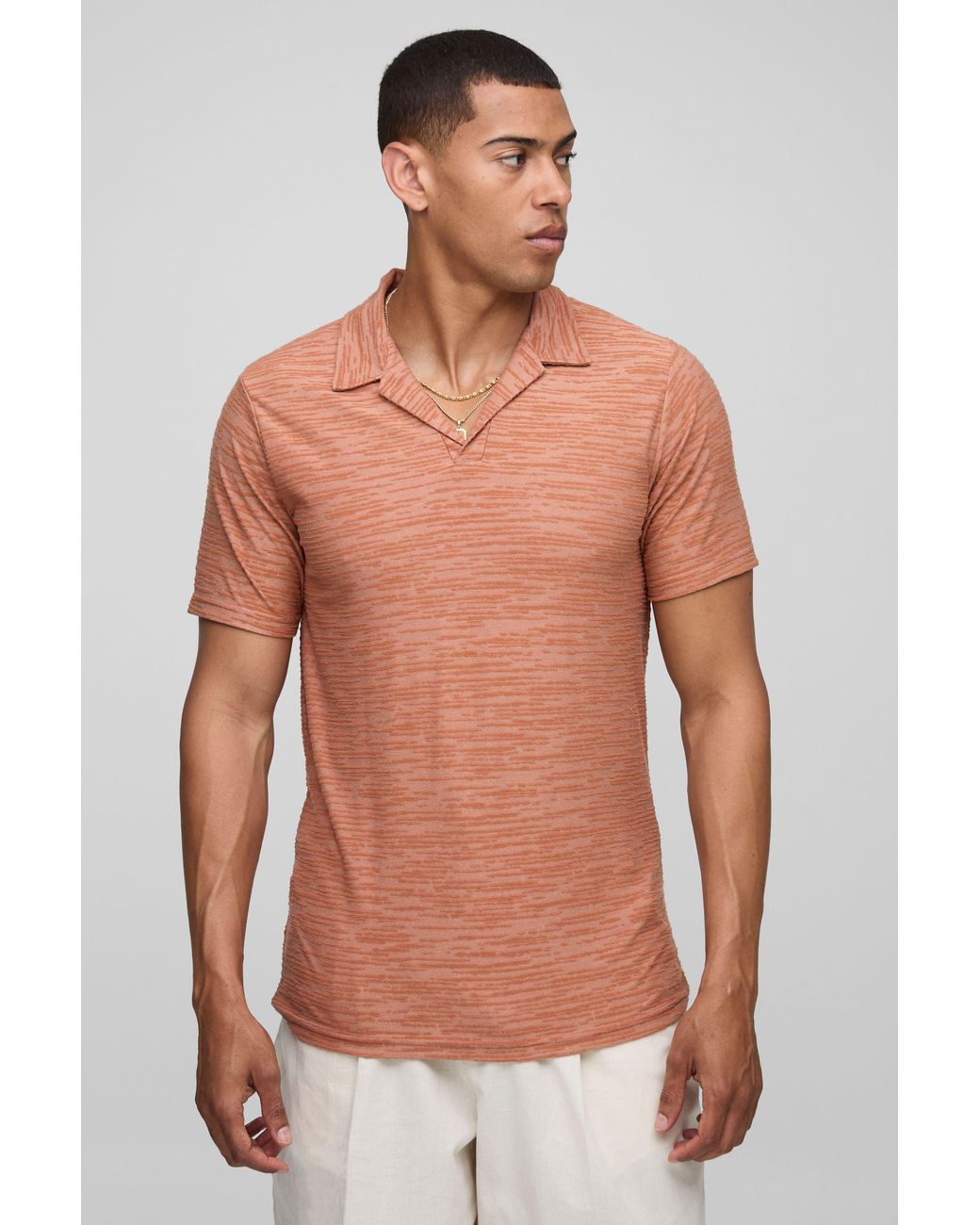 BoohooMAN Natural Slim Fit Revere Textured Polo for men