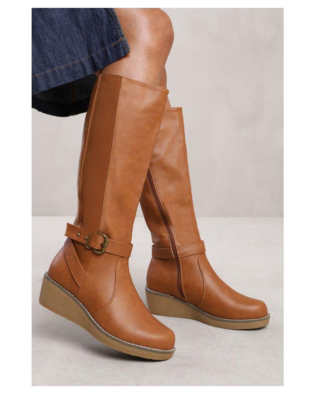 Where s That From Wheres Jacinta Wedge Heel Knee High Boots With Elastic Panel in Brown Lyst UK