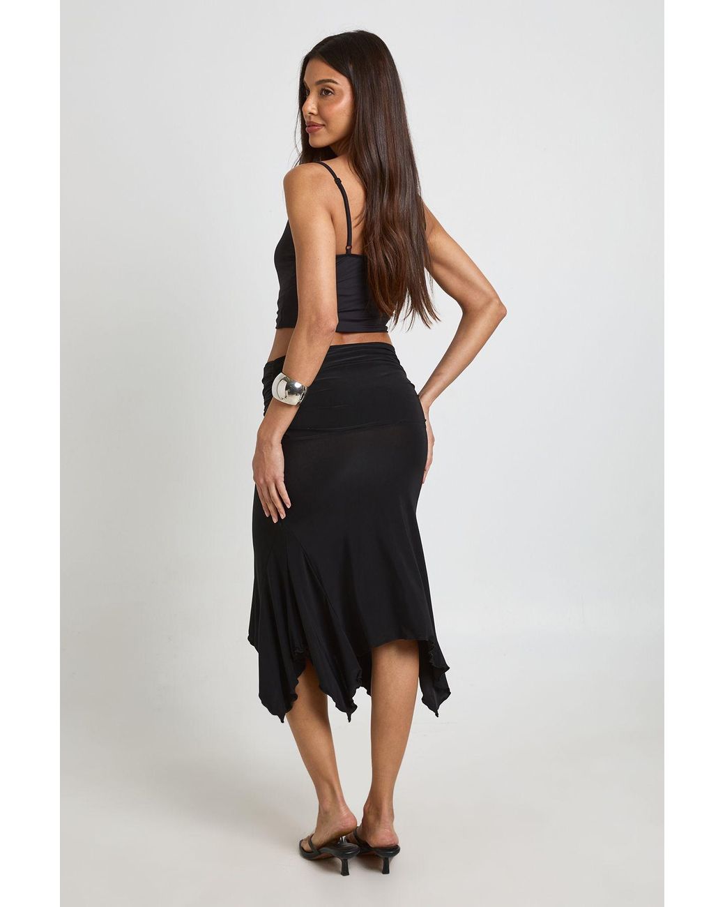 Boohoo Black Hanky Hem Midi Skirt