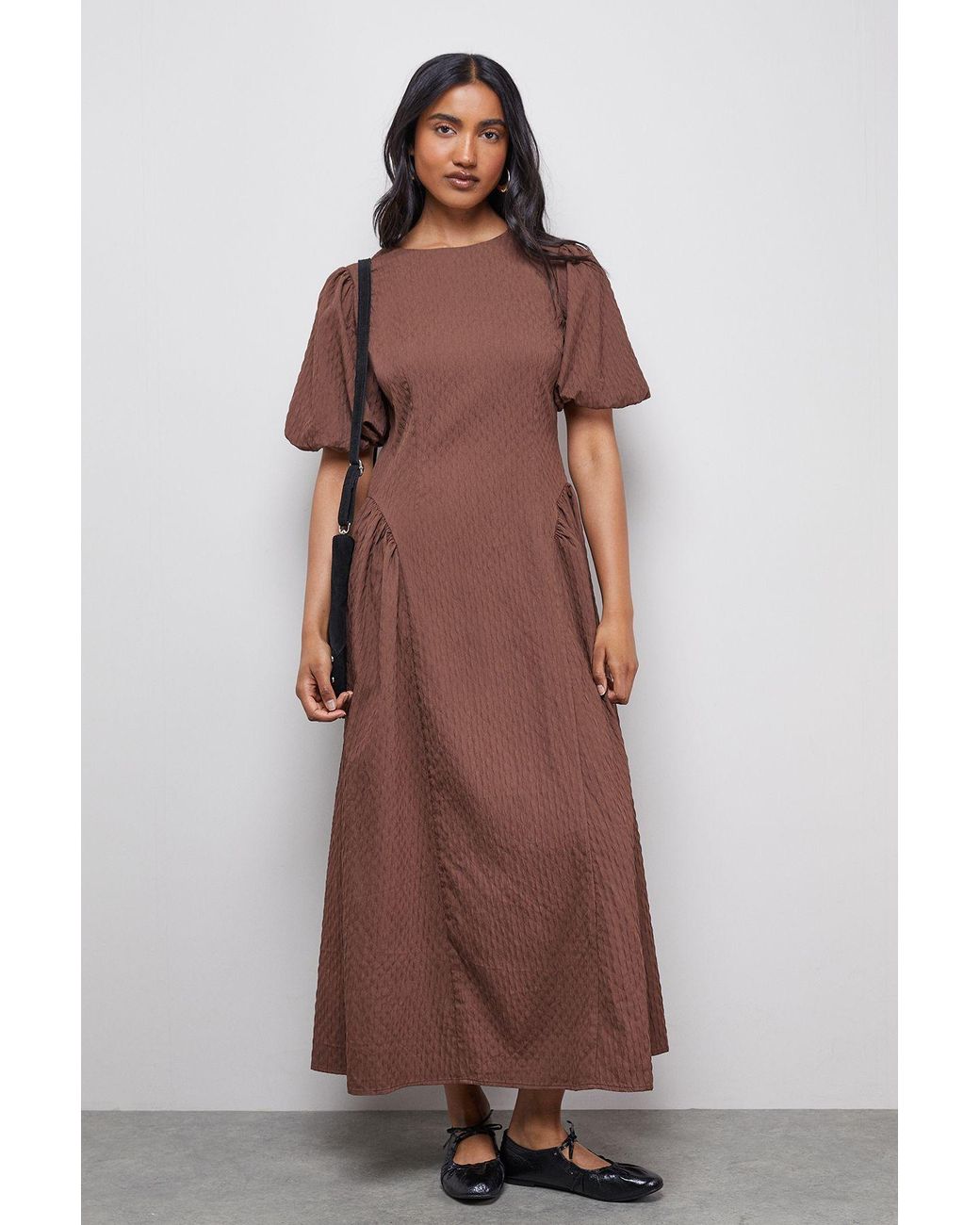 Warehouse Brown Seersucker Organza Godet Side Puff Sleeve Midi Dress