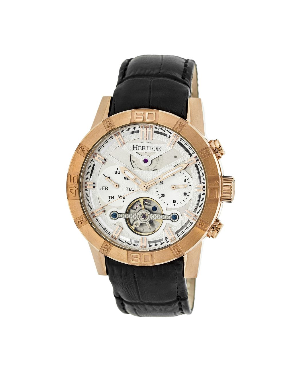 Heritor Metallic Hannibal Semi-Skeleton Leather-Band Watch for men