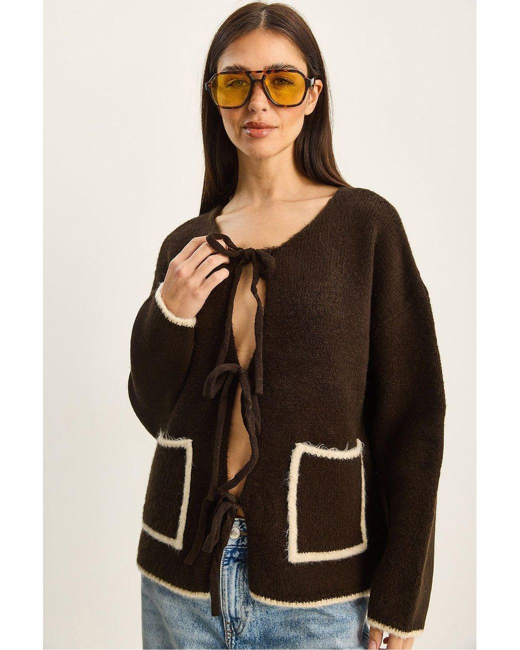 Bianco Lucci Black Oversized Knit Cardigan With Tie Closure