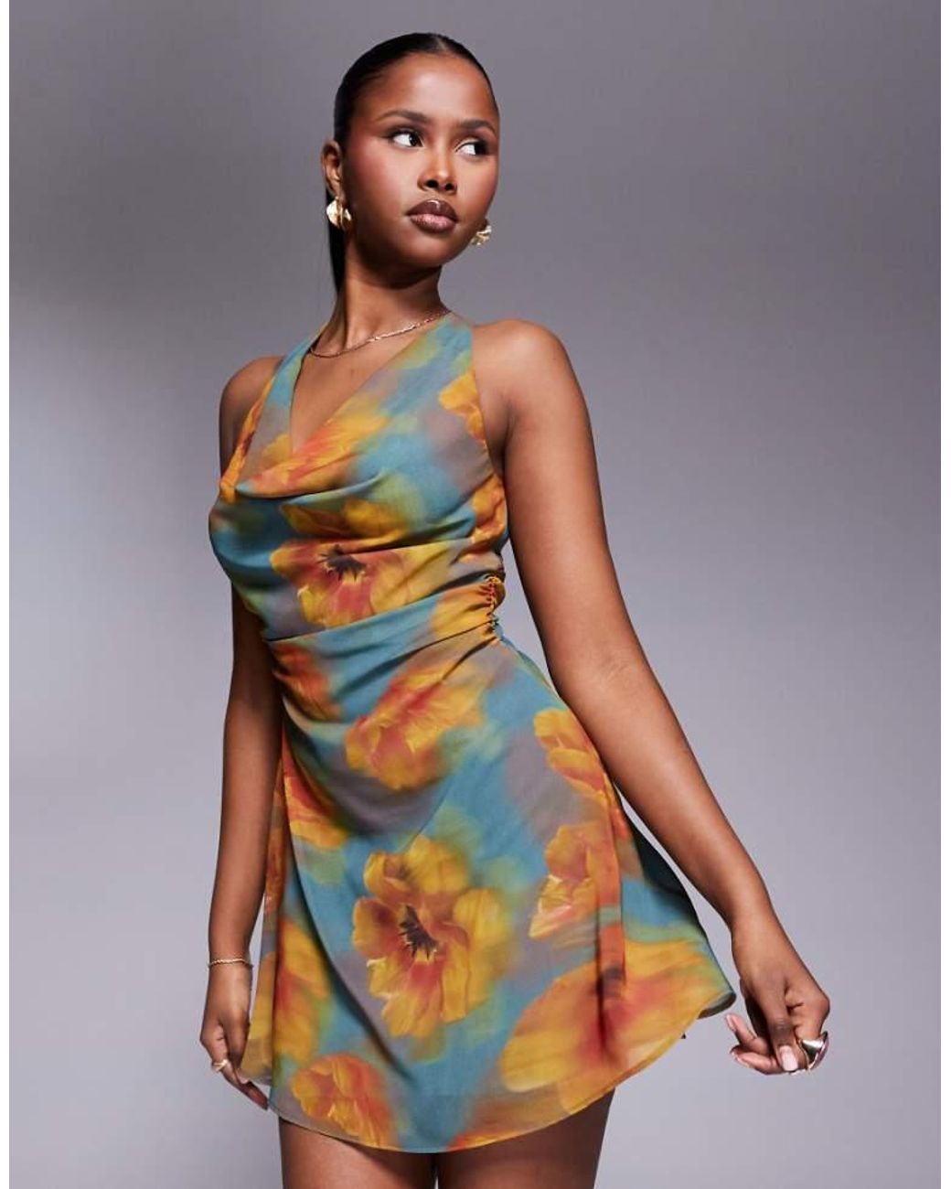 ASOS Gray Cowl Neck Chiffon Mini Dress