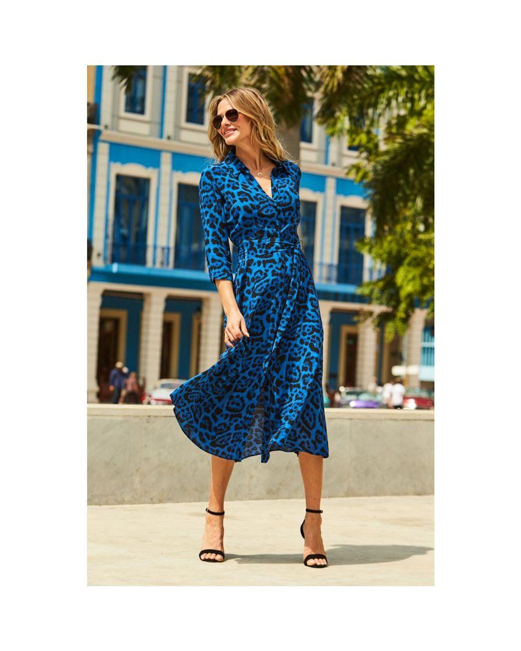 Blue leopard top print shirt dress