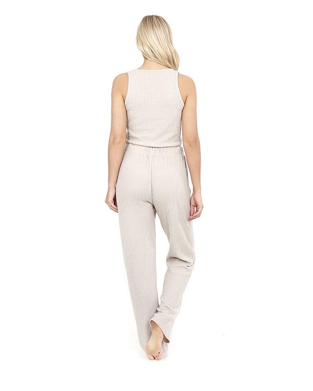 Brave Soul White Cropped Vest & Wide Leg Waffle Lounge Set Polyester/Viscose
