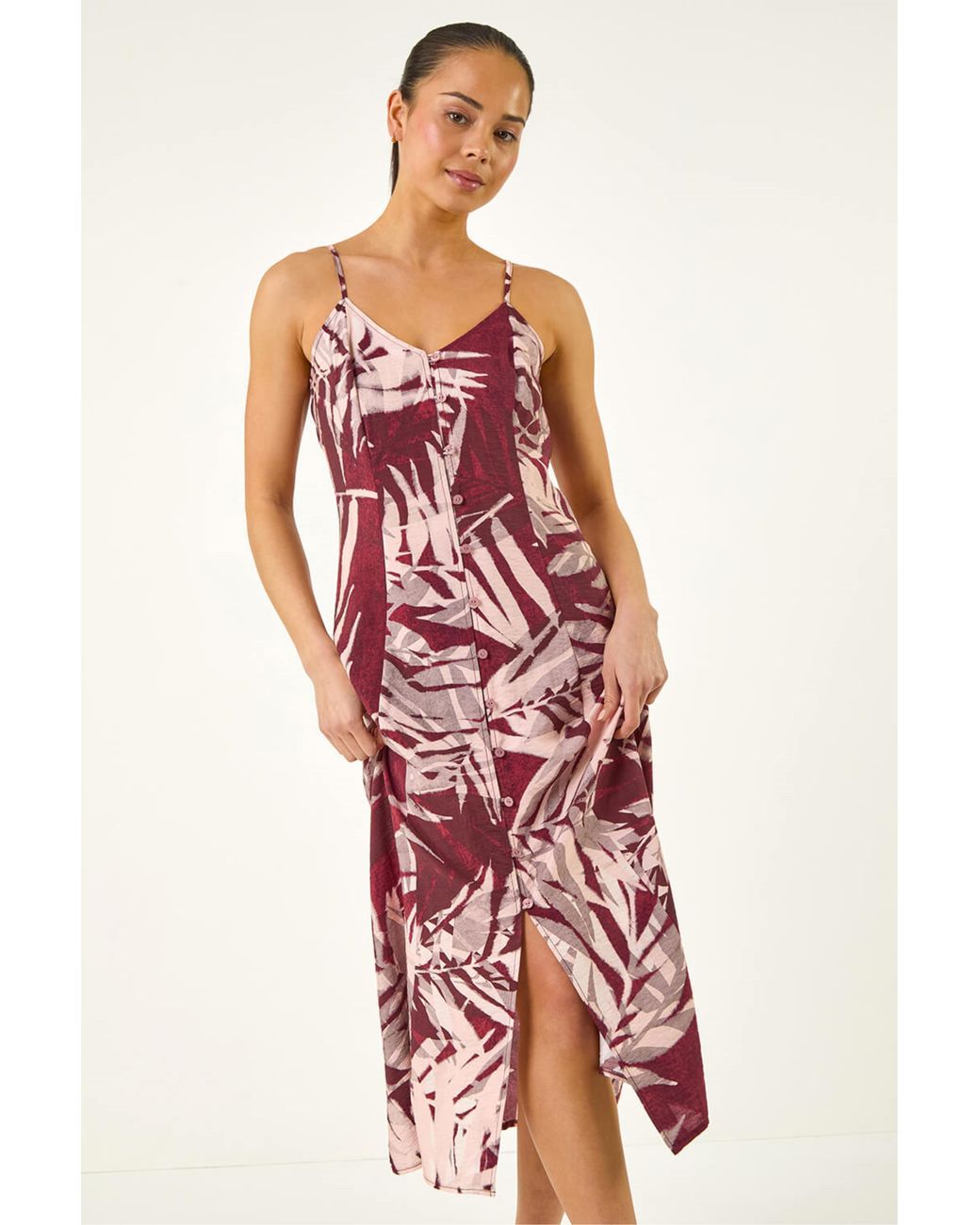 Roman Red Petite Leaf Print Button Midi Dress