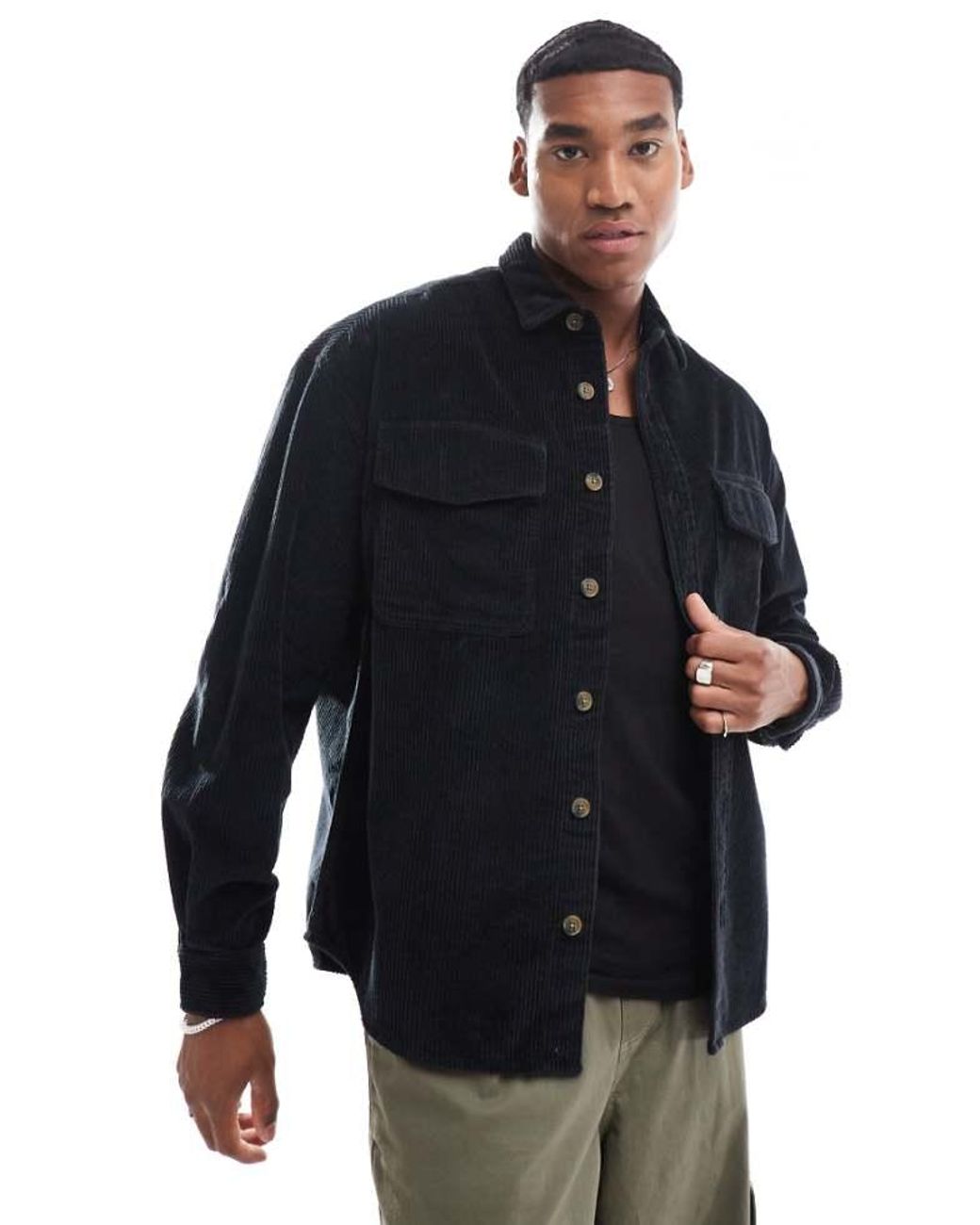 ASOS Blue 90S Cord Oversized Shirt With Patch Pocket for men
