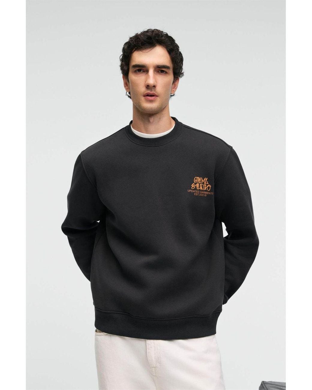 Grimelange Black Printed Logo Crew Neck Sweatshirt for men