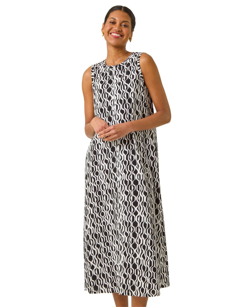 Roman Black Geo Print Pocket Midi Dress
