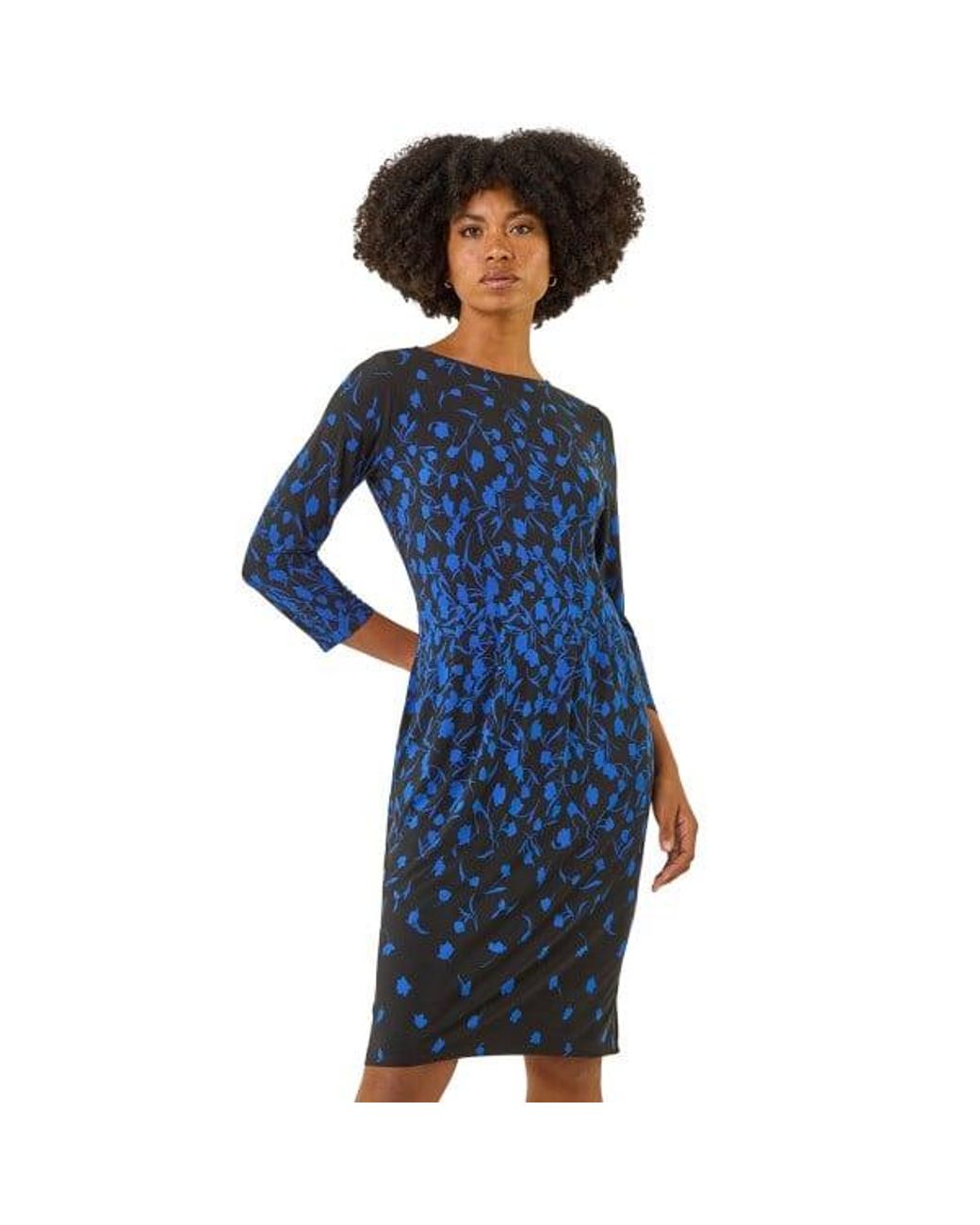 Roman Blue Floral Pleat Pocket Front Stretch Dress