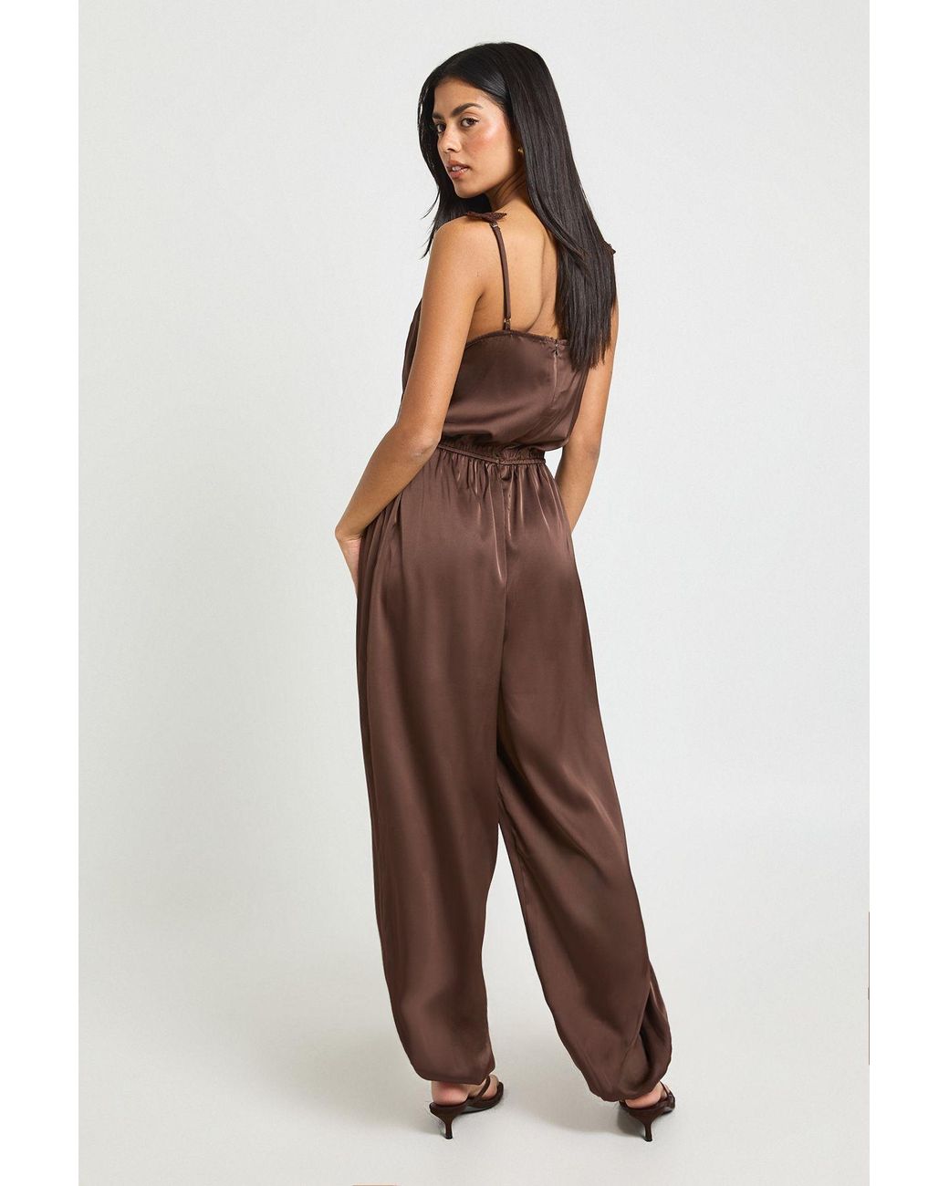 Boohoo Brown Satin Lace Trim Hareem Trouser Jumpsuit