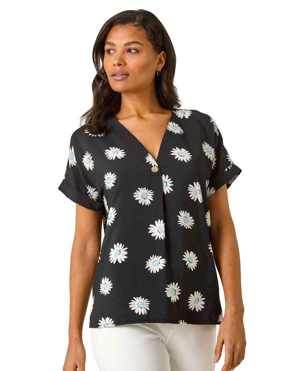 Roman Black Daisy Print Pleat Front Top