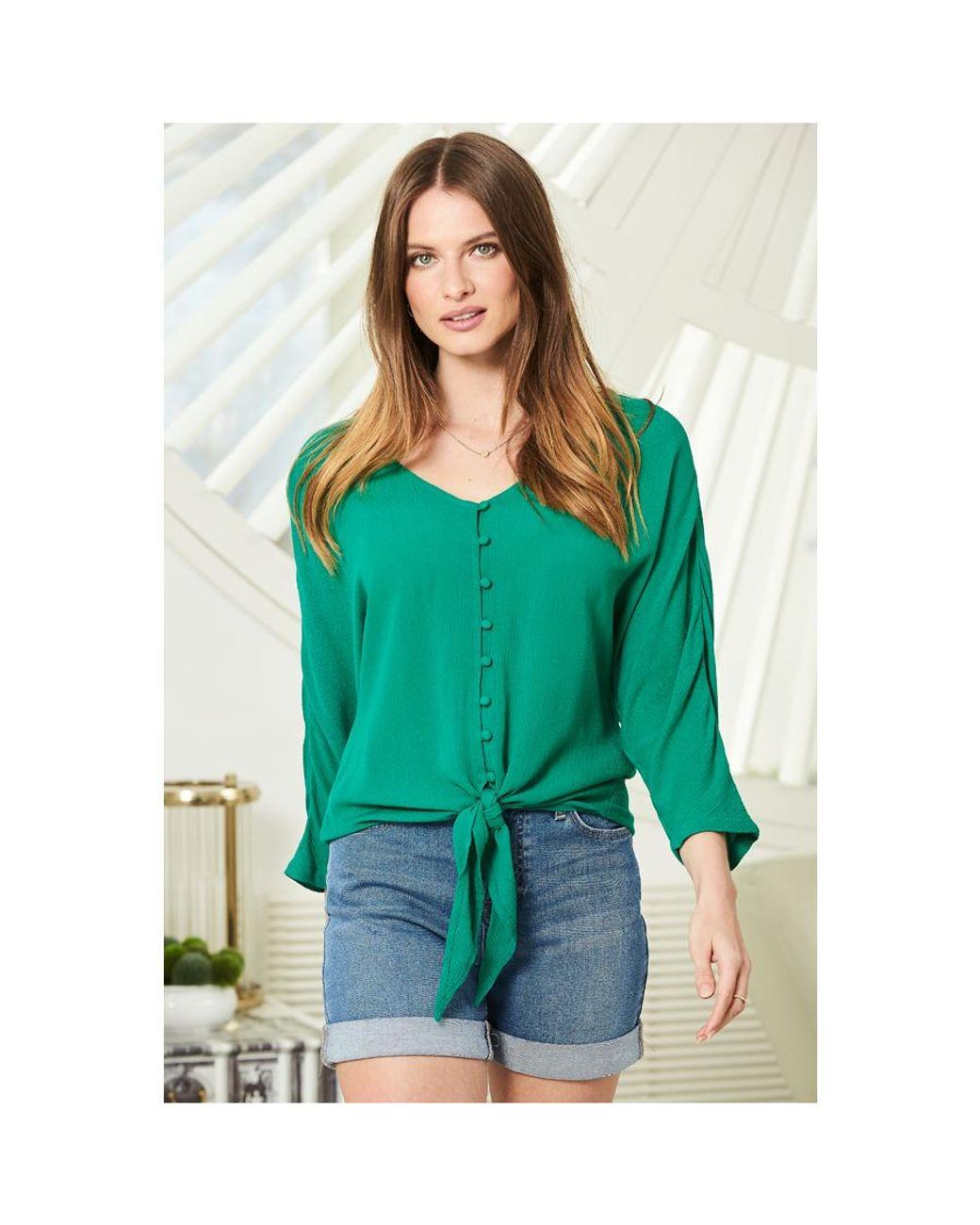 Sosandar Green Jade Button Front Tie Waist Top Viscose