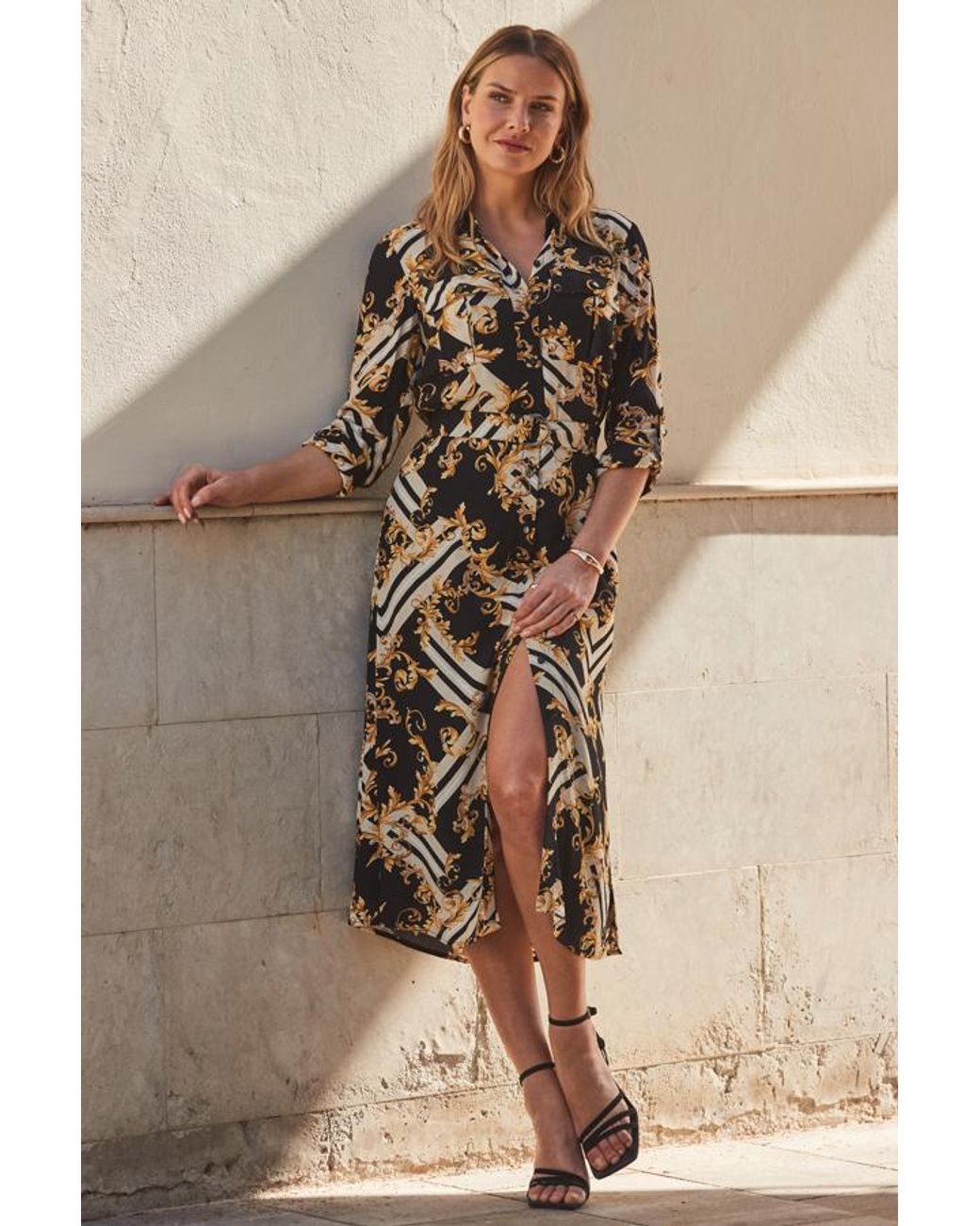 Sosandar Brown Baroque Print Belted Shirt Dress