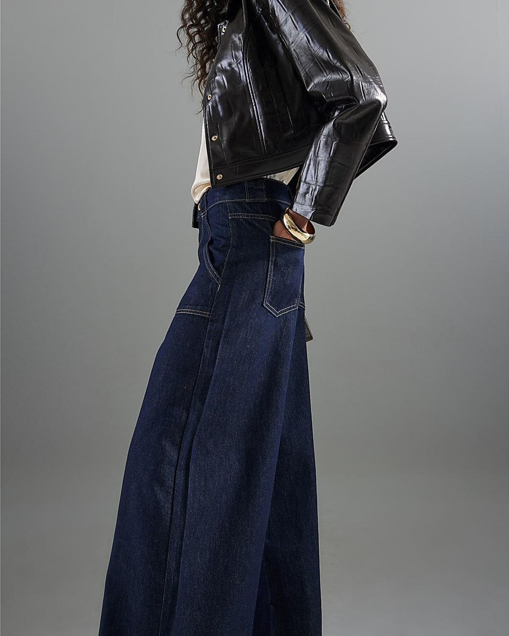 River Island Gray Wide Leg Jeans Mid Rise Tailored Baggy