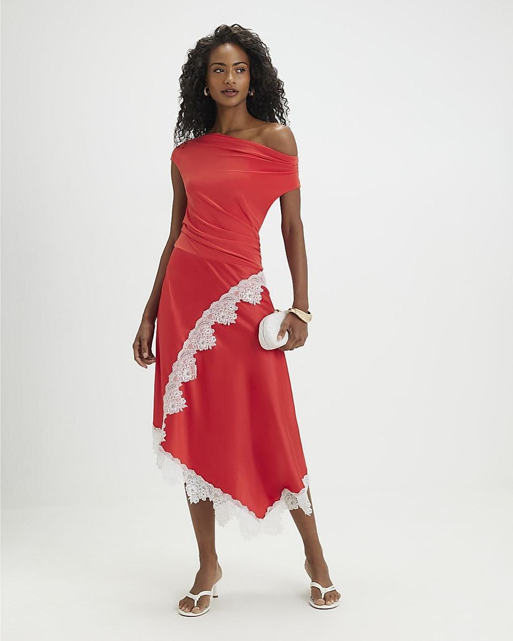 River Island Red Midi Dress Short Sleeve Lace Hybrid