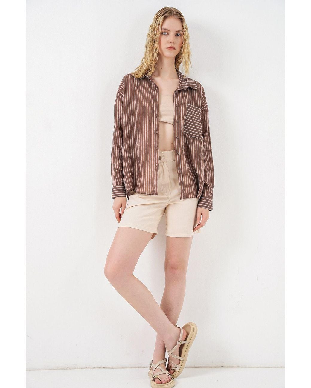 Bigdart Natural Oversized Striped Long Sleeve Shirt With Pocket
