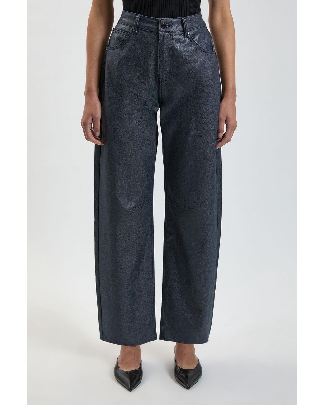 Karen Millen Blue Metallic Denim Coated Barrel Jean