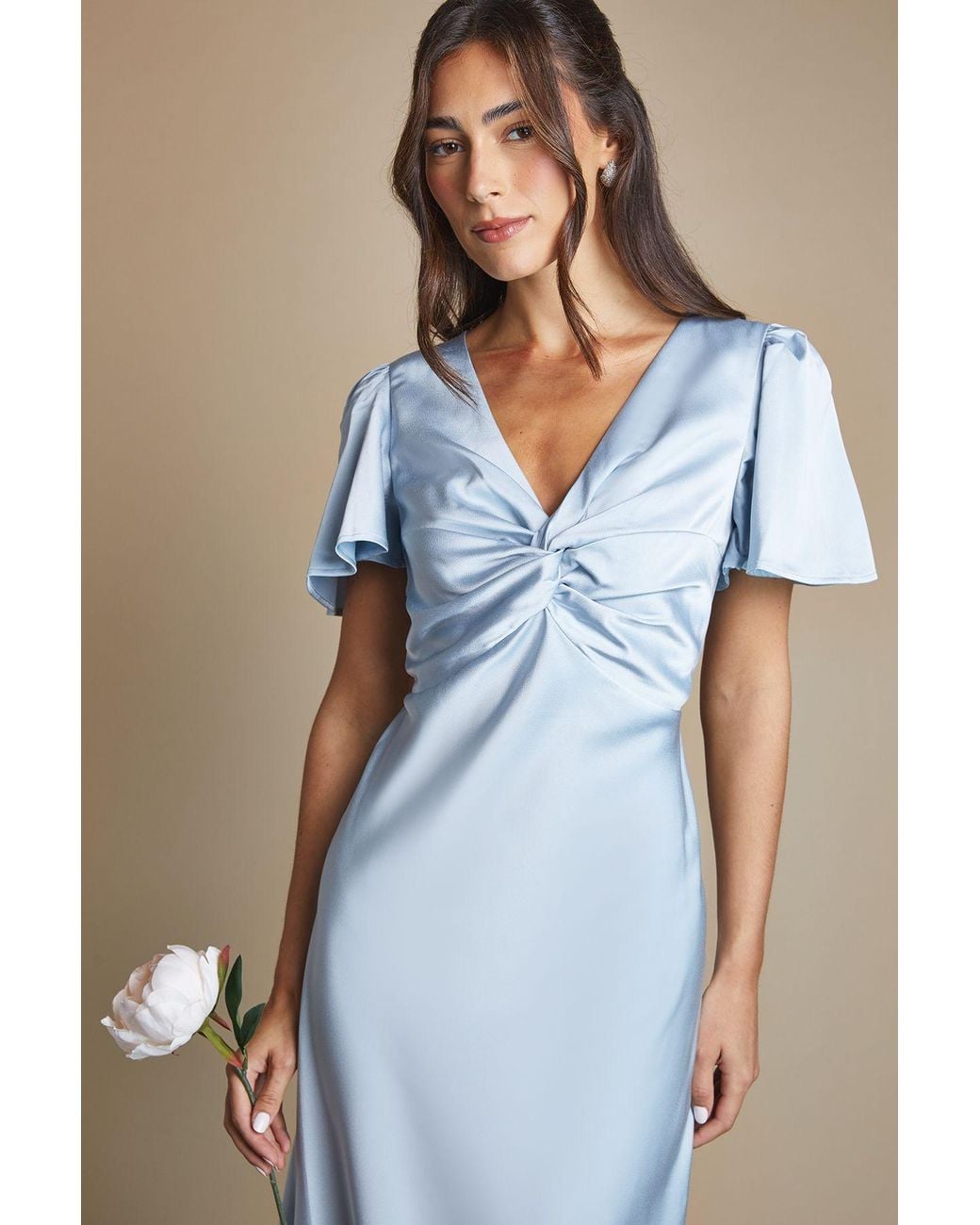 Oasis Blue Satin Twist Front Angel Sleeve Midi Bridesmaid Dress