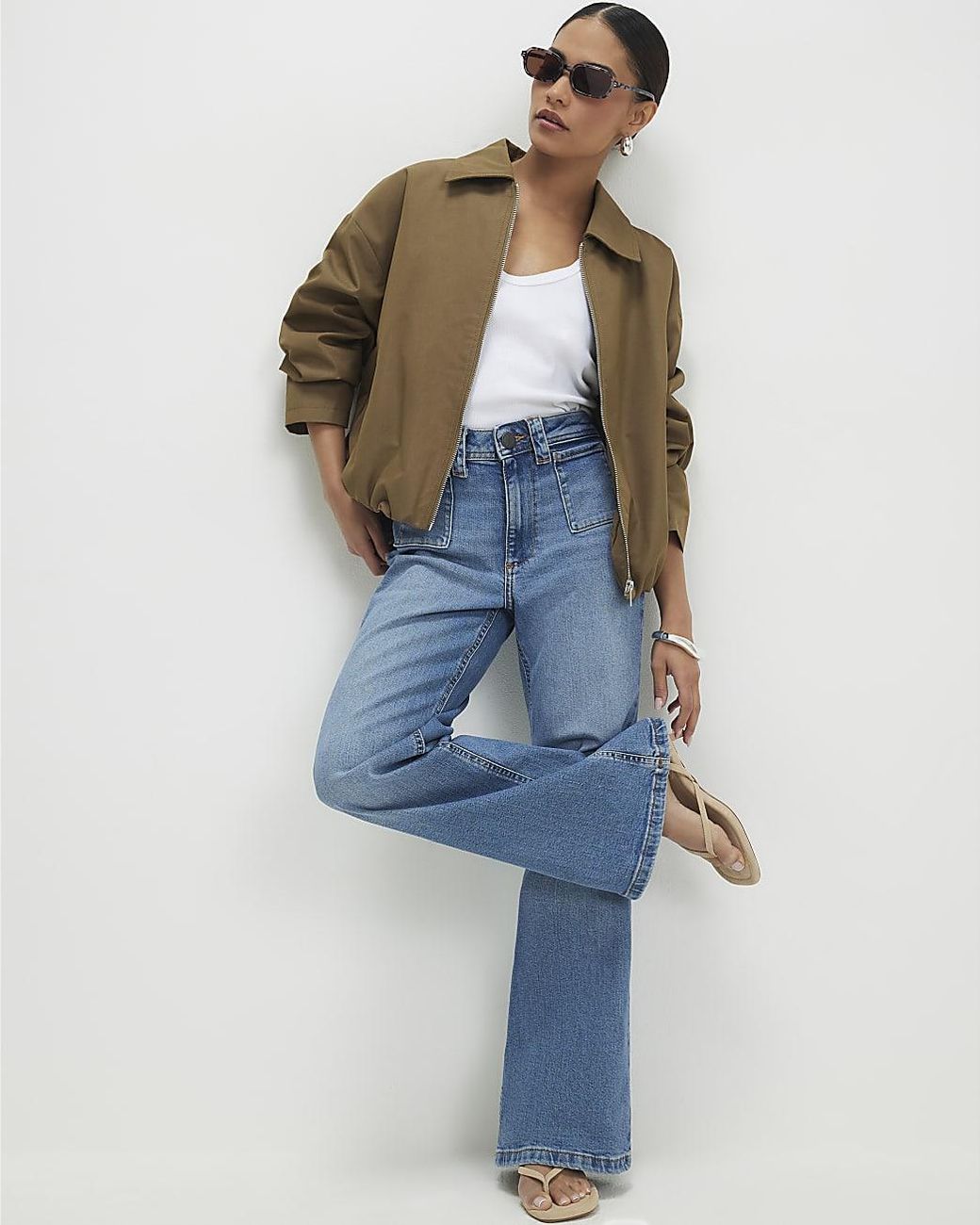 River Island Blue Flared Jeans Petite Relaxed Zip Cotton