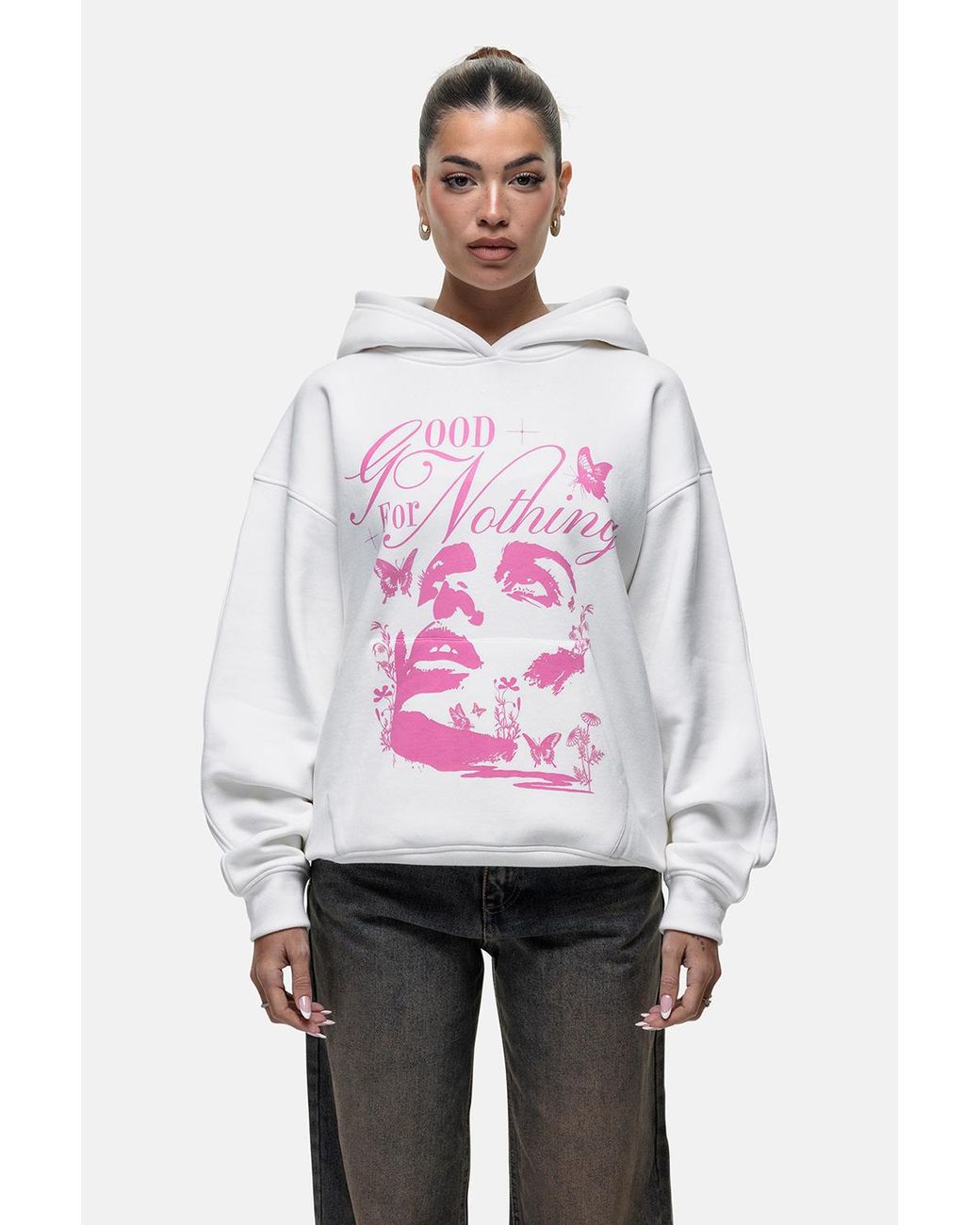 Good For Nothing Pink Contrast Print Relaxed Hoodie