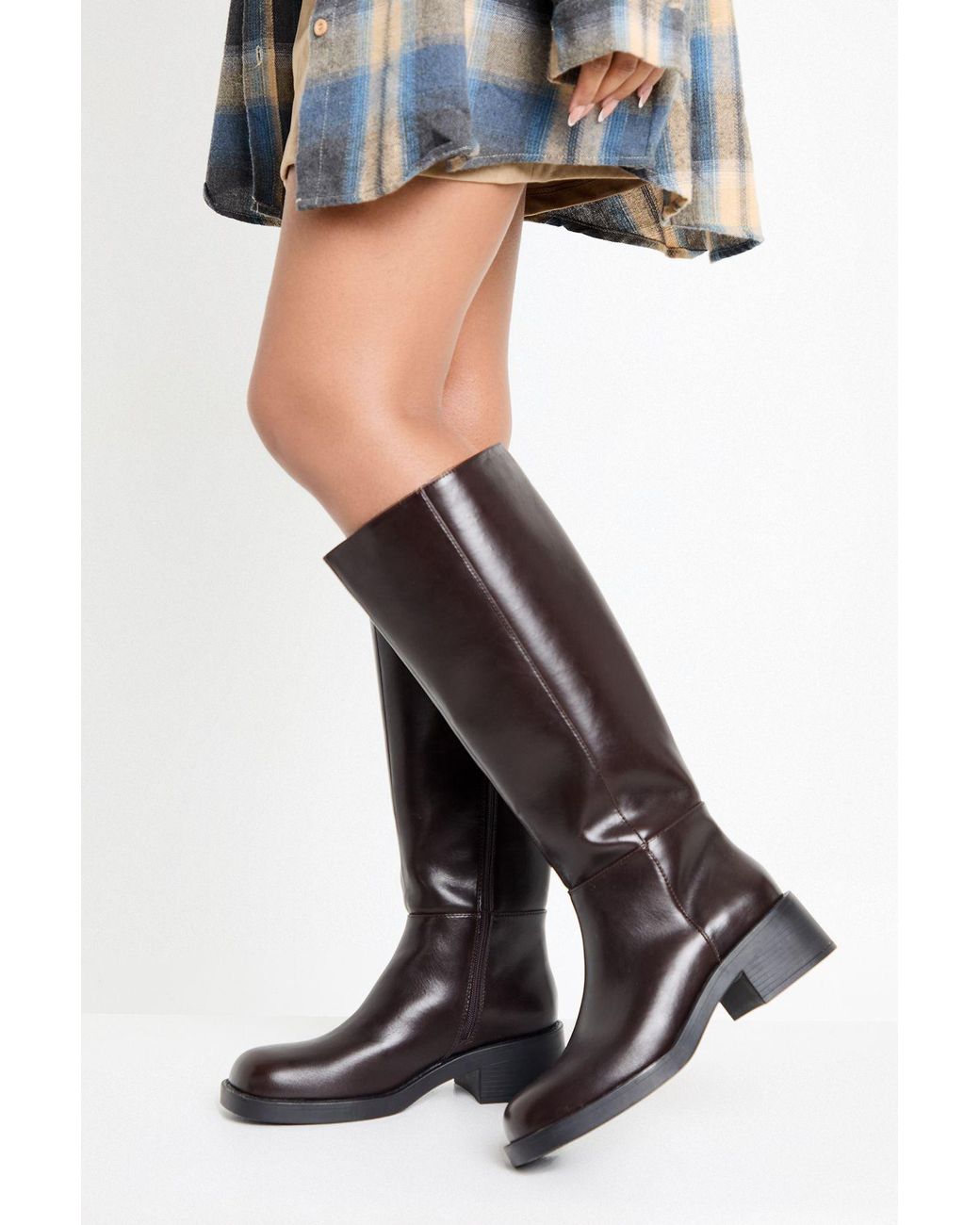 Boohoo Black Chunky Square Toe Knee High Boots